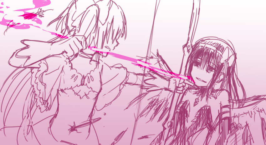 akemi_homura akuma_homura bad_id bad_pixiv_id black_hair black_wings bow dress feathered_wings gloves gradient gradient_background hair_ribbon kaname_madoka long_hair magical_girl mahou_shoujo_madoka_magica mahou_shoujo_madoka_magica_movie monochrome multiple_girls ribbon simple_background smile spoilers two_side_up ultimate_madoka watanabe_ignica white_background wings