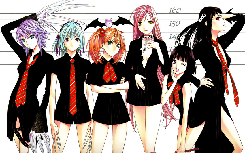 akashiya_moka angry bat belt black_eyes black_hair blue_hair blush bow breasts candy choker claws cleavage cross crossed_arms dress food green_eyes hair_bow hair_ribbon hairband hand_on_hip heart height_chart highres ikeda_akihisa kurono_kurumu lavender_hair lineup lollipop long_hair long_sleeves medium_breasts mouth_hold multiple_girls nazo_koumori necktie no_bra official_art one_eye_closed open_mouth orange_hair pink_hair purple_eyes purple_hair ribbon rosario+vampire sendou_yukari shirayuki_mizore short_hair short_twintails shuzen_kokoa skirt sleeveless smile striped thighs toujou_ruby twintails very_long_hair wand yellow_eyes