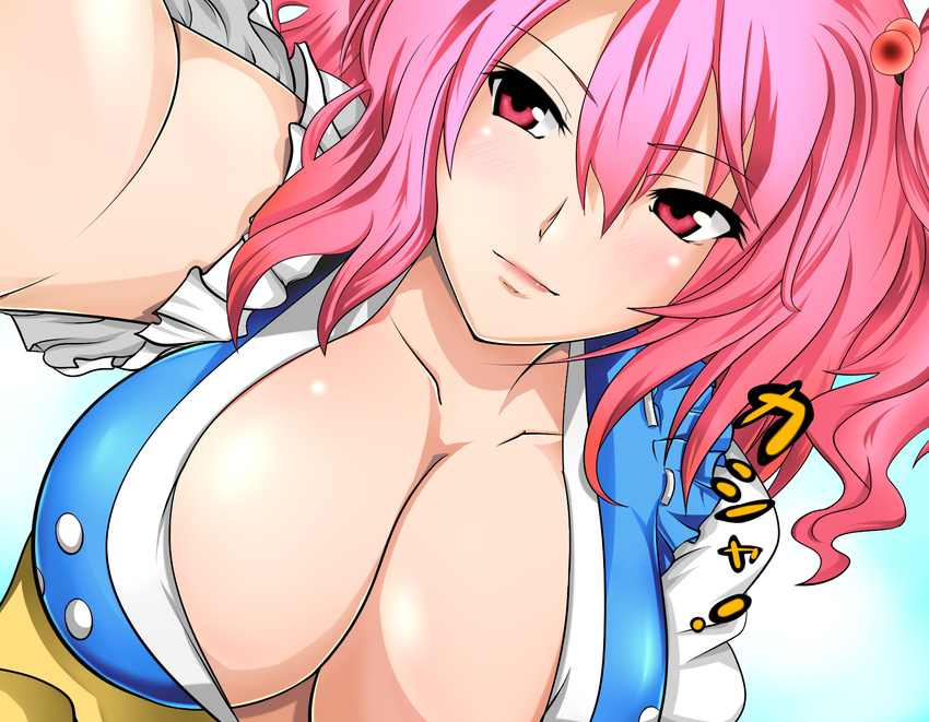 bad_id bad_pixiv_id bangs blush breasts cleavage dutch_angle frills hair_bobbles hair_ornament highres huge_breasts no_bra onozuka_komachi pink_eyes pink_hair short_hair sian smile solo touhou translated two_side_up upper_body