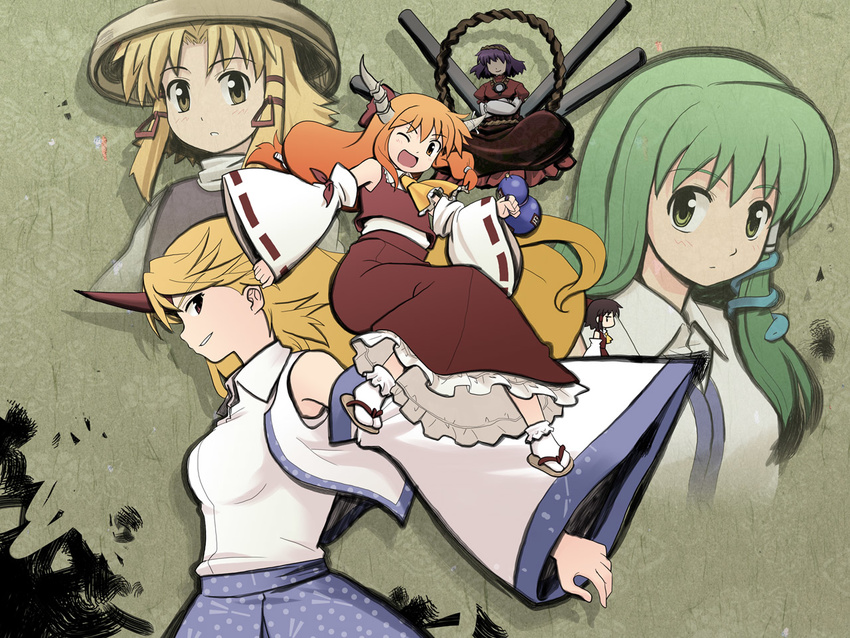 bangs bare_shoulders blonde_hair bottle cannon cosplay detached_sleeves green_eyes green_hair hair_ornament hair_ribbon hakurei_reimu hakurei_reimu_(cosplay) haniwa_(leaf_garden) hat horn horns hoshiguma_yuugi ibuki_suika kochiya_sanae kochiya_sanae_(cosplay) long_hair low-tied_long_hair moriya_suwako multiple_girls one_eye_closed orange_hair red_ribbon red_skirt ribbon ribbon-trimmed_sleeves ribbon_trim shirt short_hair skirt snake_hair_ornament touhou white_shirt white_sleeves yasaka_kanako yellow_eyes