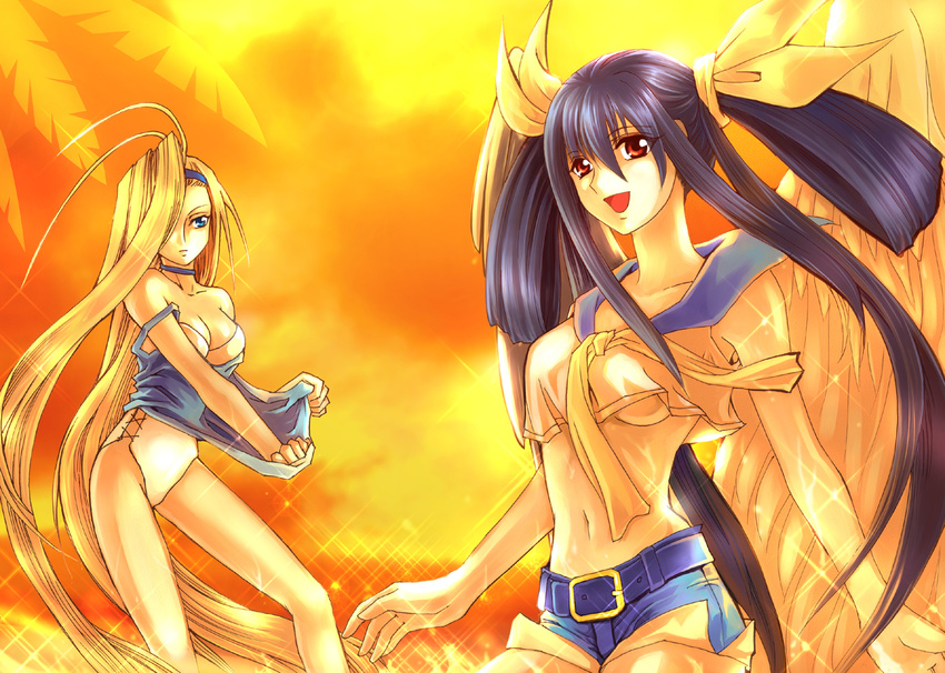 asymmetrical_wings bad_id bad_pixiv_id belt blonde_hair blue_eyes blue_hair blue_sailor_collar bow breasts casual_one-piece_swimsuit denim denim_shorts dizzy guilty_gear hair_bow long_hair medium_breasts midriff millia_rage multiple_girls navel one-piece_swimsuit pirate red_eyes ribbon sailor_collar shorts sparkle swimsuit tail twenty underboob wings