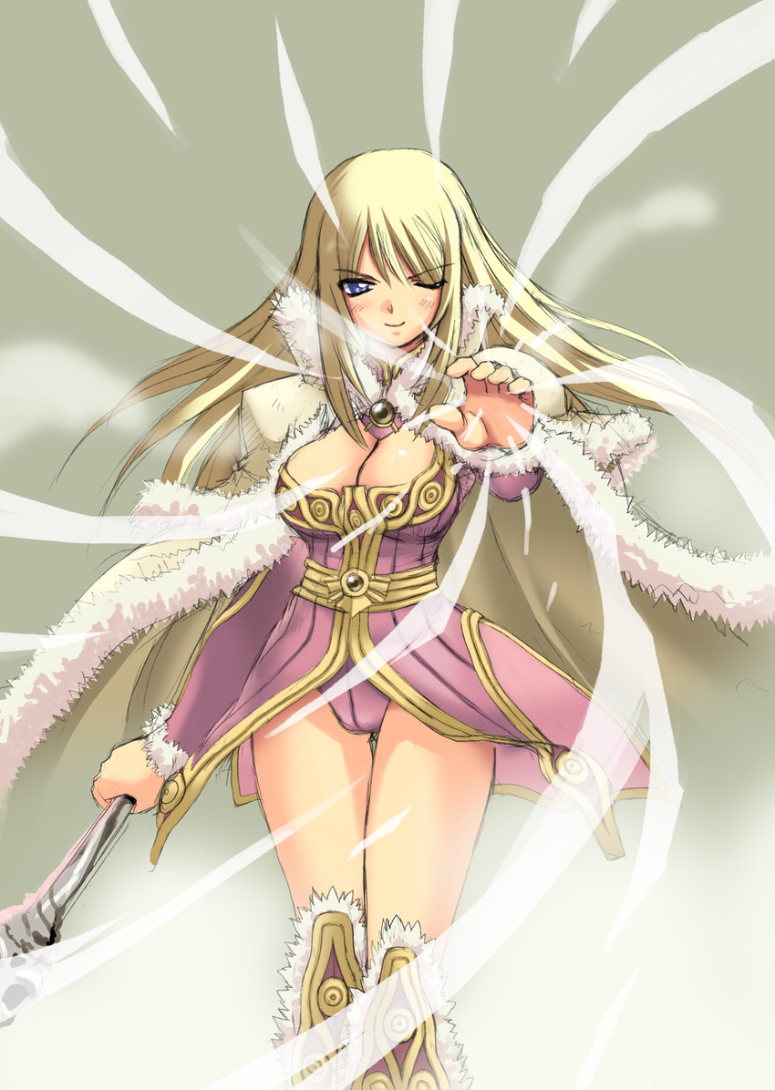 blonde_hair blue_eyes boots breasts cape cleavage highres kuma_teikoku large_breasts long_hair one_eye_closed ragnarok_online solo wizard_(ragnarok_online)