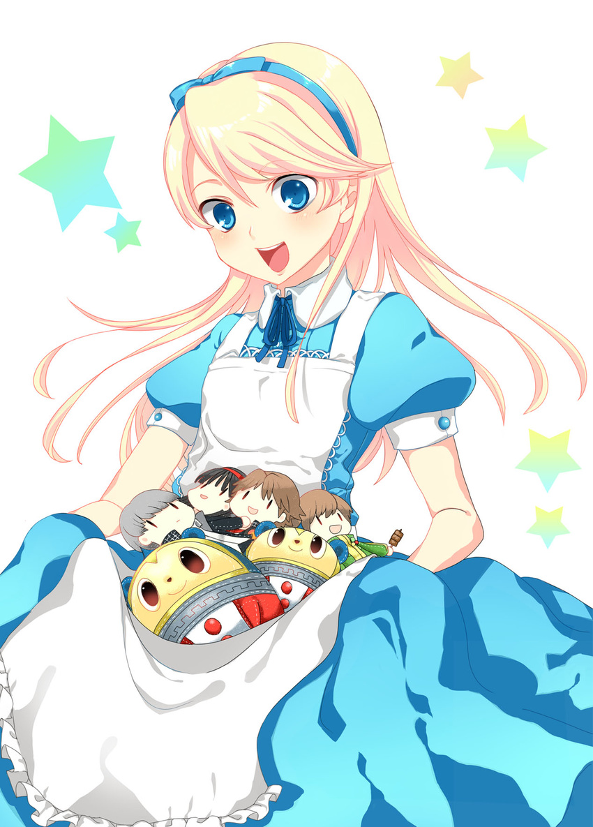 alice_(wonderland) alice_(wonderland)_(cosplay) alice_in_wonderland amagi_yukiko apron bad_id bad_pixiv_id black_eyes black_hair blonde_hair blue_eyes blush brown_eyes brown_hair cosplay crossdressing dress food hairband hanamura_yousuke highres hizuki_akira jacket kuma_(persona_4) long_hair male_focus meat narukami_yuu otoko_no_ko persona persona_4 ribbon satonaka_chie school_uniform serafuku short_hair silver_hair skirt skirt_basket solo star track_jacket