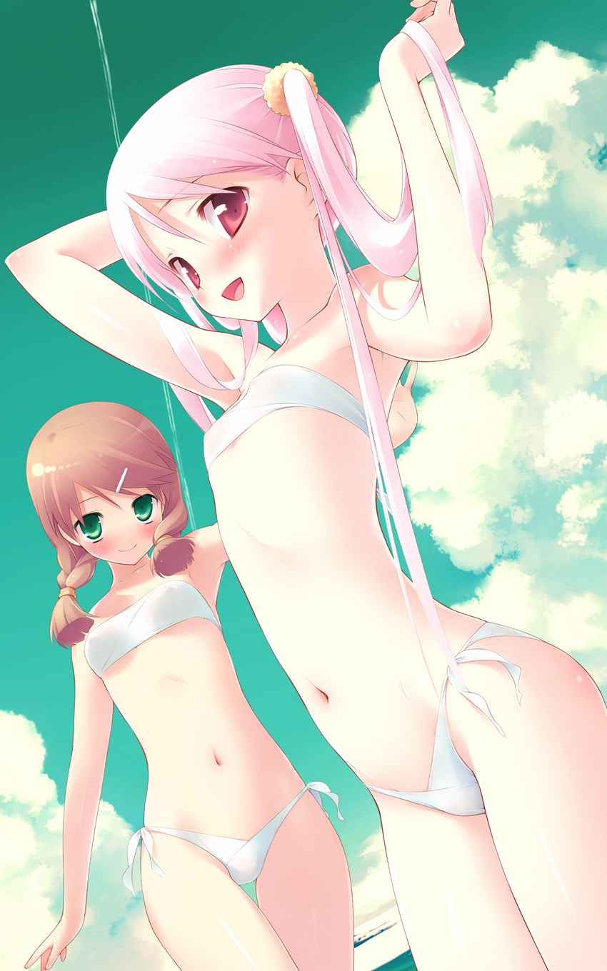 arms_up bandeau belly bikini blush braid brown_hair cloud covered_nipples day dutch_angle flat_chest garden_(game) gayarou green_eyes hair_ornament hairclip hand_in_hair highres himemiya_ruri holding holding_hair hoshino_erika multiple_girls navel no_nose pink_hair red_eyes side-tie_bikini skinny sky smile swimsuit twin_braids twintails