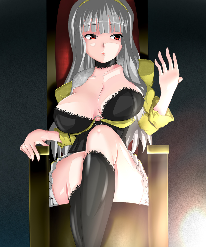 :o bad_id bad_pixiv_id bangs beyond_the_nobles black_legwear blunt_bangs breasts chair choker cleavage crossed_legs fur_trim grey_hair hairband hands highres idolmaster idolmaster_(classic) idolmaster_sp jacket kneehighs lace large_breasts long_hair no_bra o-ring o-ring_top open_mouth pleated_skirt red_eyes ribbon shijou_takane sian sitting skirt solo thighhighs throne wide_hips