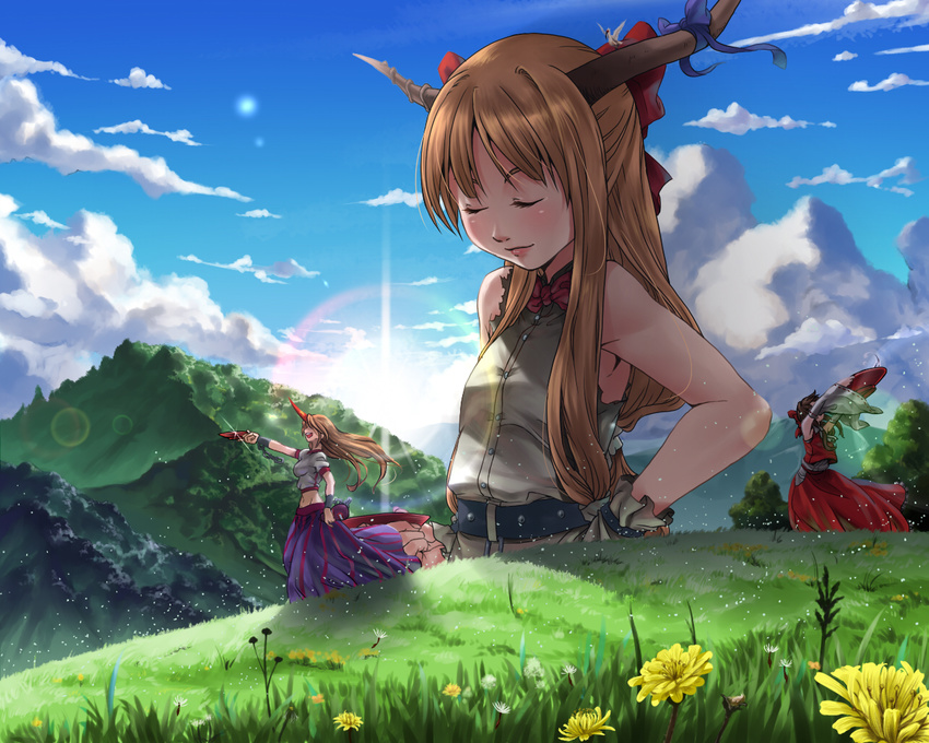 bad_id bad_pixiv_id cup flat_chest giantess hakurei_reimu himegami_shino horn horns hoshiguma_yuugi ibuki_suika landscape multiple_girls nature sakazuki touhou