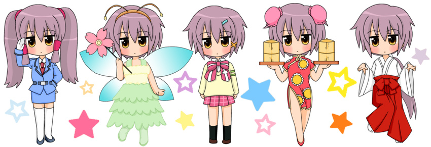 amemori_keron bad_id bad_pixiv_id bamboo_steamer chibi china_dress chinese_clothes cosplay dress fairy highres japanese_clothes long_image miko multiple_views nagato_yuki nanatsuiro_drops police police_uniform policewoman school_uniform suzumiya_haruhi-chan_no_yuuutsu suzumiya_haruhi_no_yuuutsu thighhighs uniform waitress wide_image