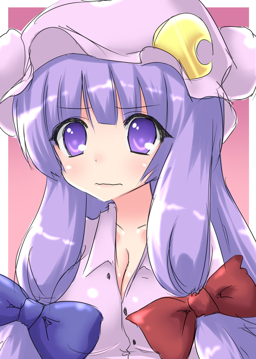 absurdres bad_id bad_pixiv_id breasts cleavage crescent hair_ribbon hat highres long_hair medium_breasts nase patchouli_knowledge purple_eyes purple_hair ribbon solo touhou
