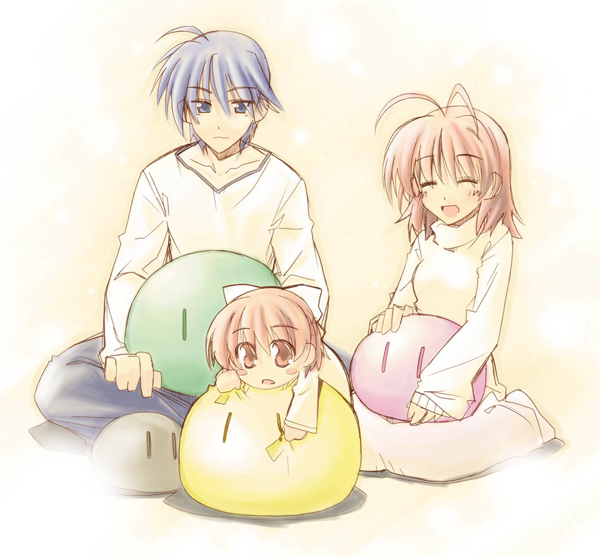 2girls antenna_hair blue_eyes brown_eyes brown_hair clannad closed_eyes dango_daikazoku family furukawa_nagisa husband_and_wife multiple_girls ogura_shuuichi okazaki_tomoya okazaki_ushio short_hair