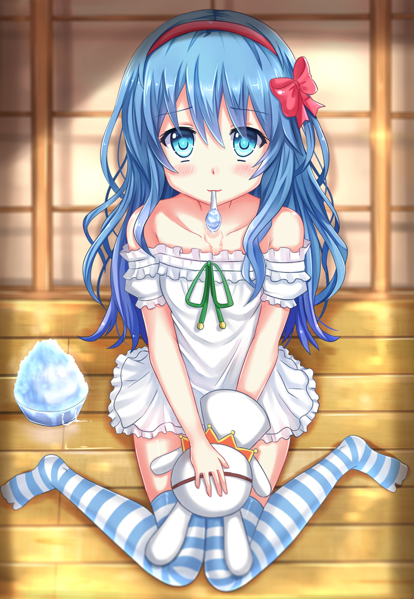 alternate_costume bare_shoulders blue_eyes blue_hair blush bow date_a_live dress hair_bow hairband hand_puppet highres kazenokaze long_hair looking_at_viewer puppet shaved_ice solo striped striped_legwear stuffed_toy thighhighs white_dress wooden_floor yoshino_(date_a_live) yoshinon