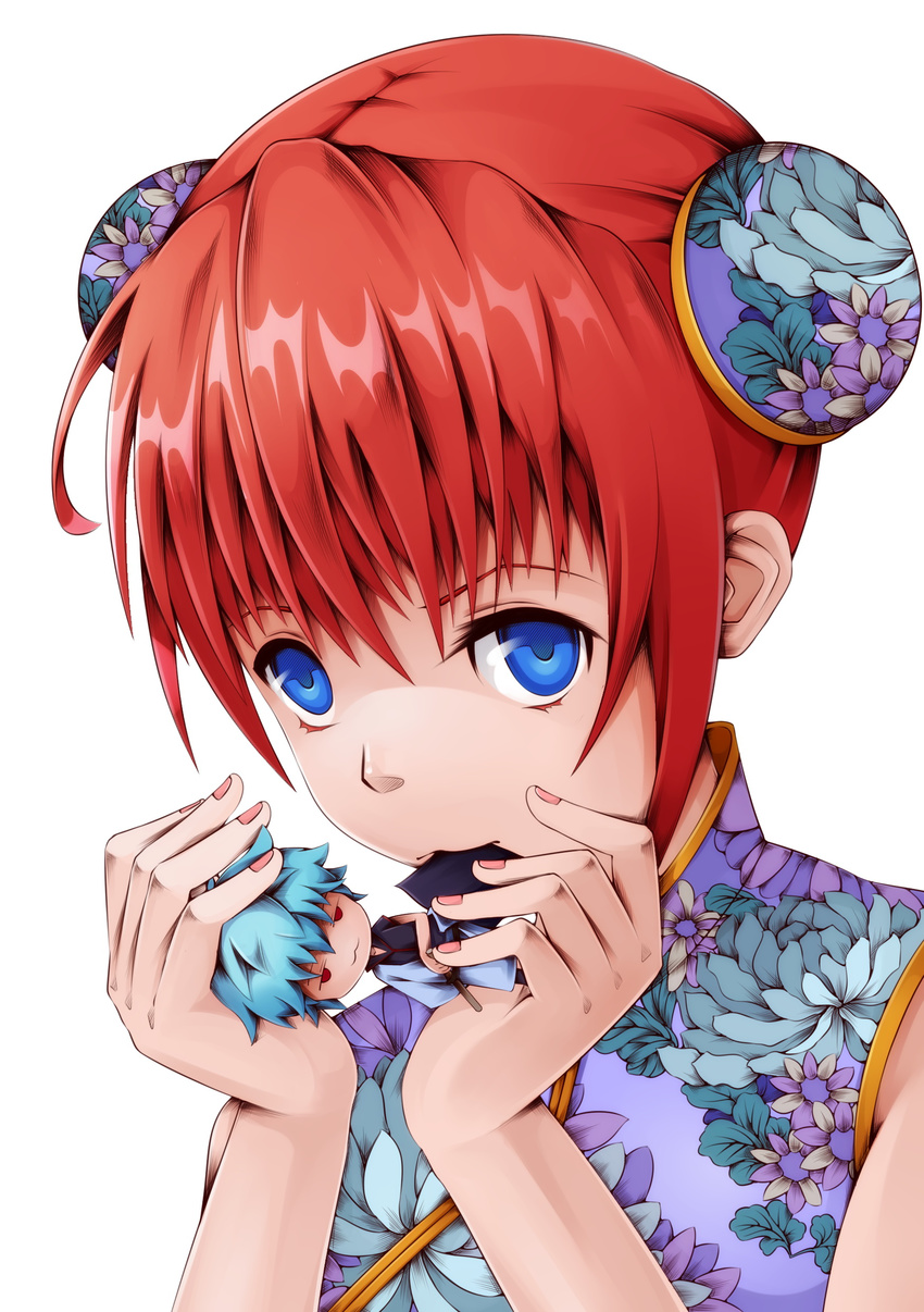 52ikaros absurdres bad_id bad_pixiv_id blue_eyes bun_cover character_doll china_dress chinese_clothes double_bun dress floral_print gintama hairpods highres kagura_(gintama) mouth_hold orange_hair solo upper_body