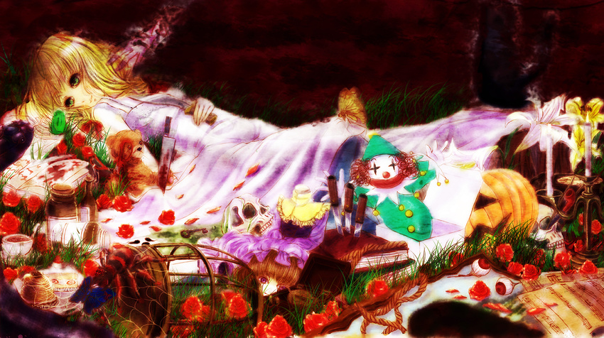 birdcage blonde_hair blood book bug butterfly cage candle cup doll dress elise_(idors-taitania) eyeball flower grass green_eyes insect jack-in-the-box knife lily_(flower) lying majo_no_ie music_box petals pumpkin red_flower red_rose rope rose skull spider stuffed_animal stuffed_toy teacup teddy_bear viola_(majo_no_ie) white_dress
