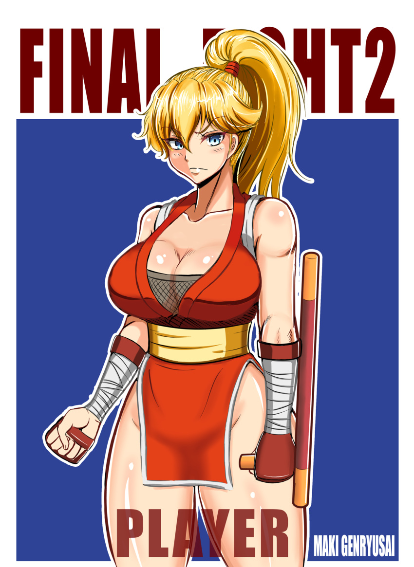 1girl blonde_hair blue_eyes breasts cleavage final_fight fingerless_gloves fishnets genryuusai_maki gloves high_ponytail large_breasts pelvic_curtain ponytail solo street_fighter tonfa weapon xyz_(kamikazejap)
