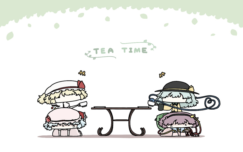 blonde_hair chibi cup eyeball flandre_scarlet hairband hat heart heart_of_string komeiji_koishi komeiji_satori kurokoori multiple_girls purple_hair remilia_scarlet short_hair siblings silver_hair sisters sitting sitting_on_person solid_circle_eyes table teacup third_eye touhou wide_face wings