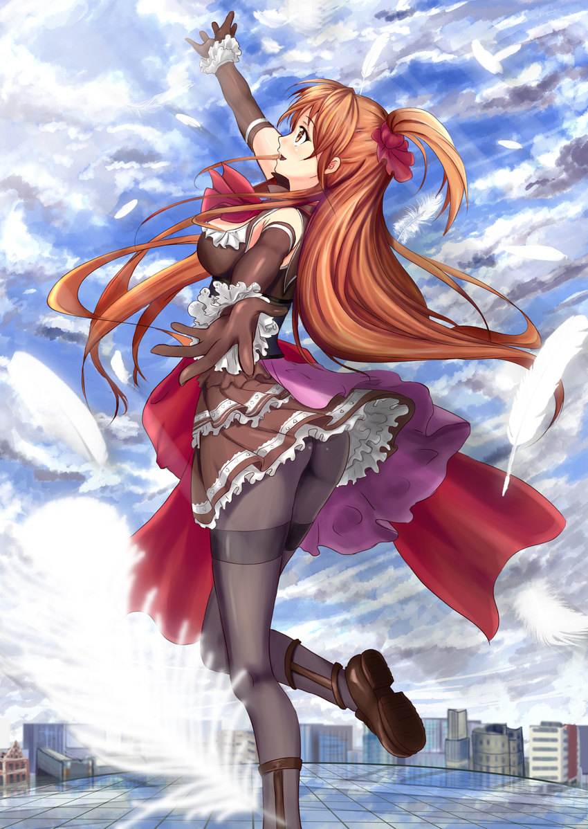 absurdres ass black_gloves black_legwear blue_sky breasts brown_eyes brown_hair cityscape cloud cloudy_sky day dress elbow_gloves feathers gloves highres medium_breasts original outstretched_arms pantyhose side_ponytail sky soyokaze thighband_pantyhose