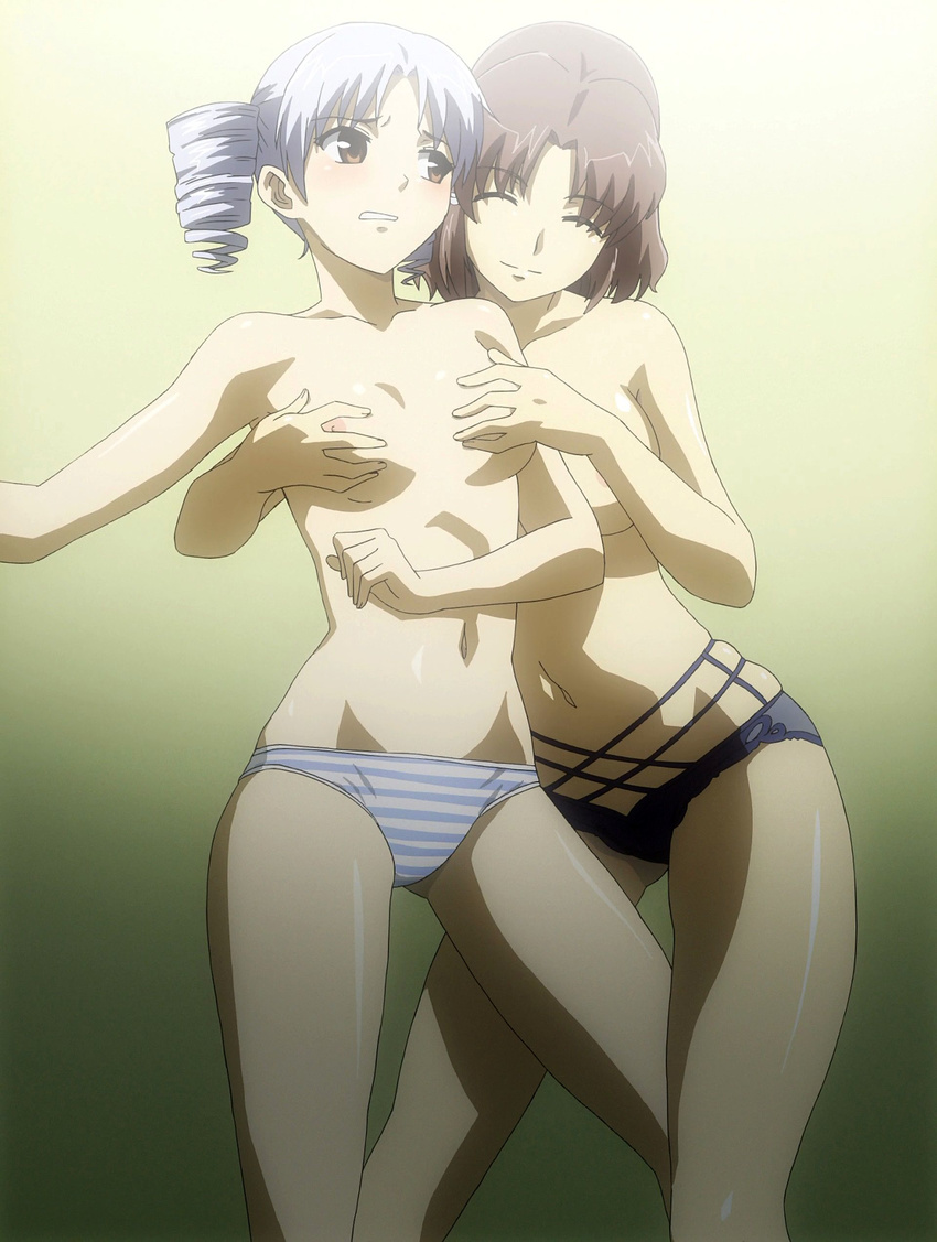 2girls atia_simmons attia_simmons blue_panties blush breast_grab chiffon_fairchild eyes_closed freezing_(series) grabbing highres multiple_girls nipples panties screencap short_hair small_breasts smile standing stitched striped striped_panties topless underwear white_hair yuri