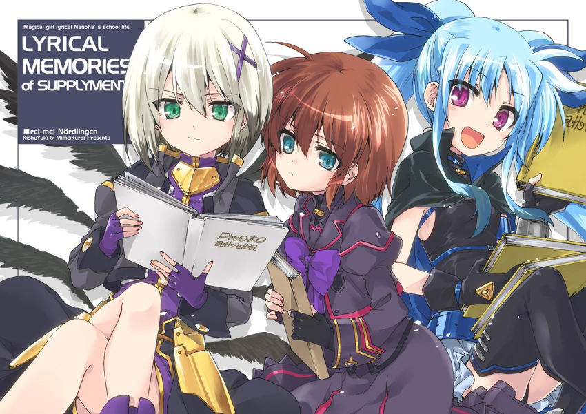 3girls :d armored_skirt artist_name bangs black_cape black_gloves black_jacket black_legwear black_leotard black_wings blue_background blue_eyes blue_hair blue_ribbon book boots bow bowtie brown_hair cape circle_name closed_mouth copyright_name cover cover_page doujin_cover dress english_text feathered_wings fingerless_gloves frown gloves green_eyes hair_ornament hair_ribbon highlights holding holding_book jacket kneeling kuroi_mimei legs_crossed leotard light_blush long_hair long_sleeves looking_at_viewer lyrical_nanoha magical_girl mahou_shoujo_lyrical_nanoha mahou_shoujo_lyrical_nanoha_a's mahou_shoujo_lyrical_nanoha_a's_portable:_the_battle_of_aces material-d material-l material-s medium_dress miniskirt multicolored_hair multiple_girls open_mouth overskirt pleated_dress purple_bow purple_dress purple_eyes purple_gloves purple_neckwear reading ribbon short_dress short_hair silver_hair sitting skirt sleeveless smile smirk thigh_boots thighhighs white_skirt wings x_hair_ornament