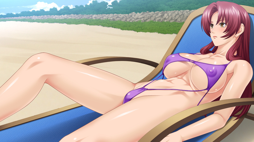 1girl beach breasts large_breasts noriheita purple_hair rinkai_gakuen solo swimsuit takamine_rin