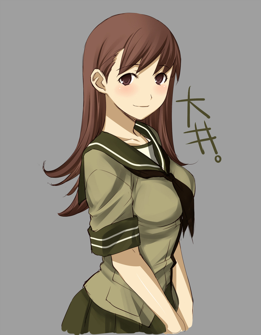 brown_eyes brown_hair highres kantai_collection long_hair looking_at_viewer ooi_(kantai_collection) school_uniform serafuku shoumaru_(gadget_box) simple_background sketch skirt smile solo