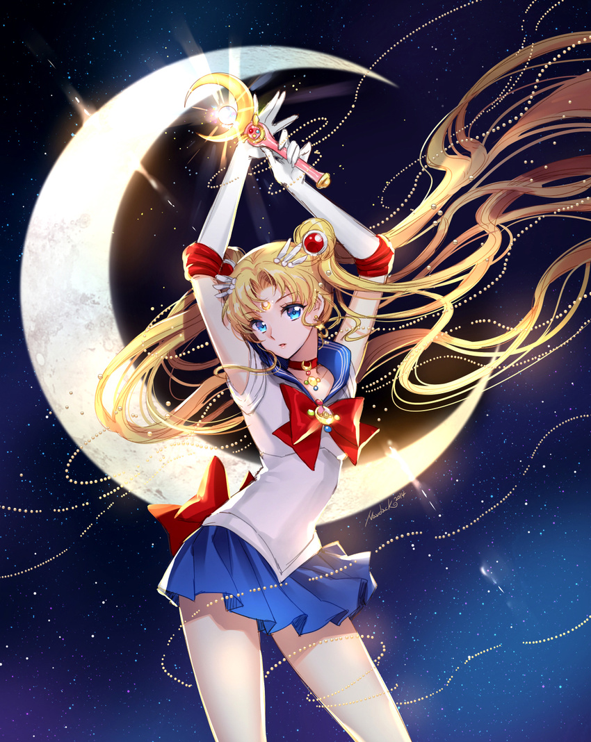 arms_up back_bow bishoujo_senshi_sailor_moon bishoujo_senshi_sailor_moon_crystal blonde_hair blue_eyes blue_sailor_collar bow choker contrapposto cowboy_shot crescent_moon double_bun elbow_gloves floating_hair gloves hair_ornament highres holding holding_wand long_hair looking_at_viewer magical_girl moon nardack night night_sky pleated_skirt red_bow red_choker sailor_collar sailor_moon sailor_senshi_uniform school_uniform serafuku skirt sky solo standing tiara tsukino_usagi twintails wand white_gloves