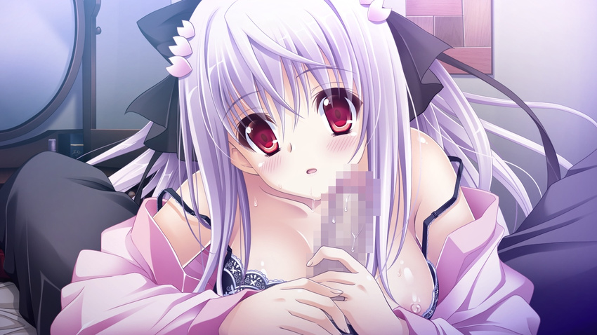 1girl 3-nin_iru! blush breasts censored collarbone game_cg long_hair mibuno_suzume nipples open_mouth penis purple_hair red_eyes suzui_narumi