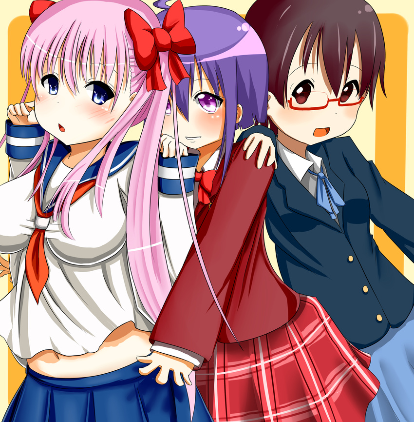 absurdres blue_eyes brown_eyes brown_hair glasses haramura_nodoka highres k-on! long_hair mahou_sensei_negima! manabe_nodoka mitsubasa_miu miyazaki_nodoka multiple_girls namesake pink_hair purple_eyes purple_hair saki school_uniform serafuku short_hair twintails