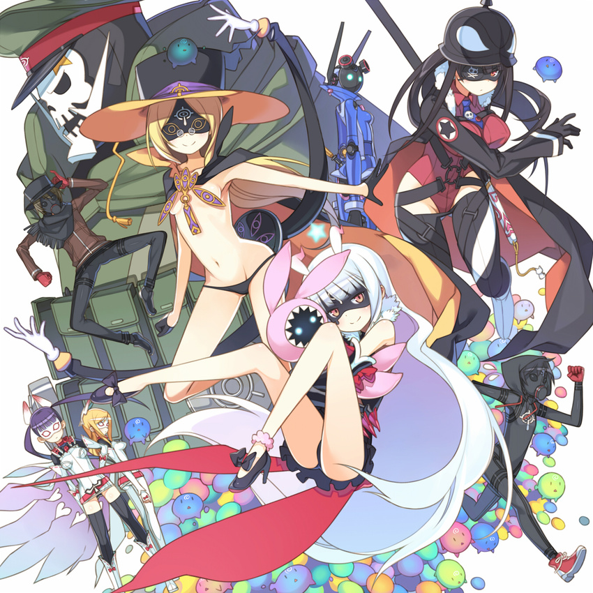 anklet antenna_hair bikini_bottom black_hair blonde_hair boots breasts cape dva eyepatch galaktika gas_mask general_pepel gloves groin hat heart helmet high_heels highres hoshimiya_kate jewelry jimon_asuta komadori_renge kurukuru_(sekai_seifuku) looking_at_viewer mask medium_breasts midriff morozumi_yasubee multiple_girls natasha_(sekai_seifuku) navel odin_(seikai_seifuku) pickelhaube pink_eyes plamja-sama professor_um purple_hair roboko_(sekai_seifuku) robot sekai_seifuku:_bouryaku_no_zvezda shikabane_gorou shikabane_itsuka shirasagi_miki skull small_breasts smile stuffed_animal stuffed_toy sword thighhighs twintails underboob venera-sama weapon white_egret white_hair white_robin yuguru