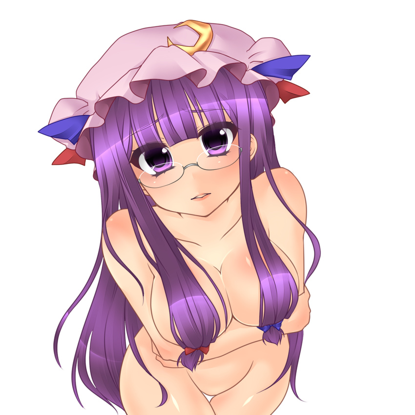 bespectacled blush breasts crescent glasses hair_censor hair_over_breasts hat highres hirasawa_yuu large_breasts long_hair nude patchouli_knowledge purple_eyes purple_hair solo touhou transparent_background