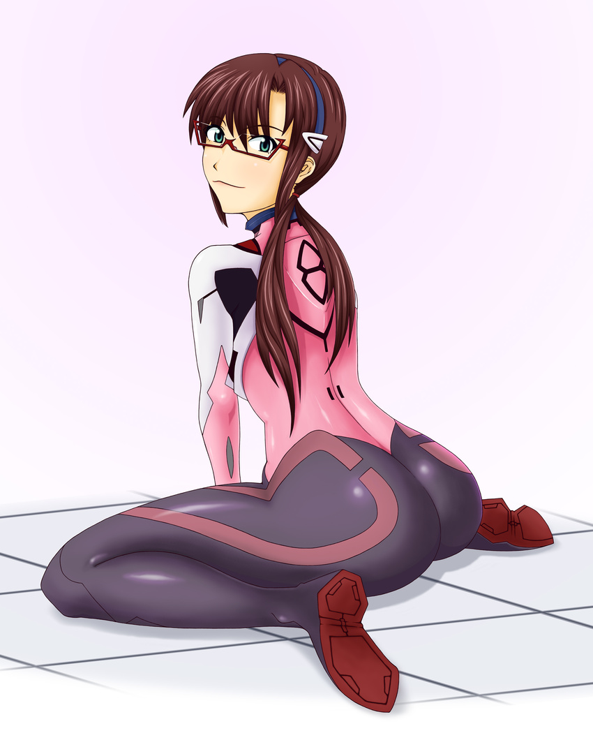 1girl artist_request ass bodysuit brown_hair evangelion:_3.0_you_can_(not)_redo from_behind glasses green_eyes hair_ornament hairband hairclip highres light_smile long_hair looking_back low_twintails makinami_mari_illustrious neon_genesis_evangelion plugsuit rebuild_of_evangelion red-framed_glasses semi-rimless_glasses sitting smile twintails under-rim_glasses wariza