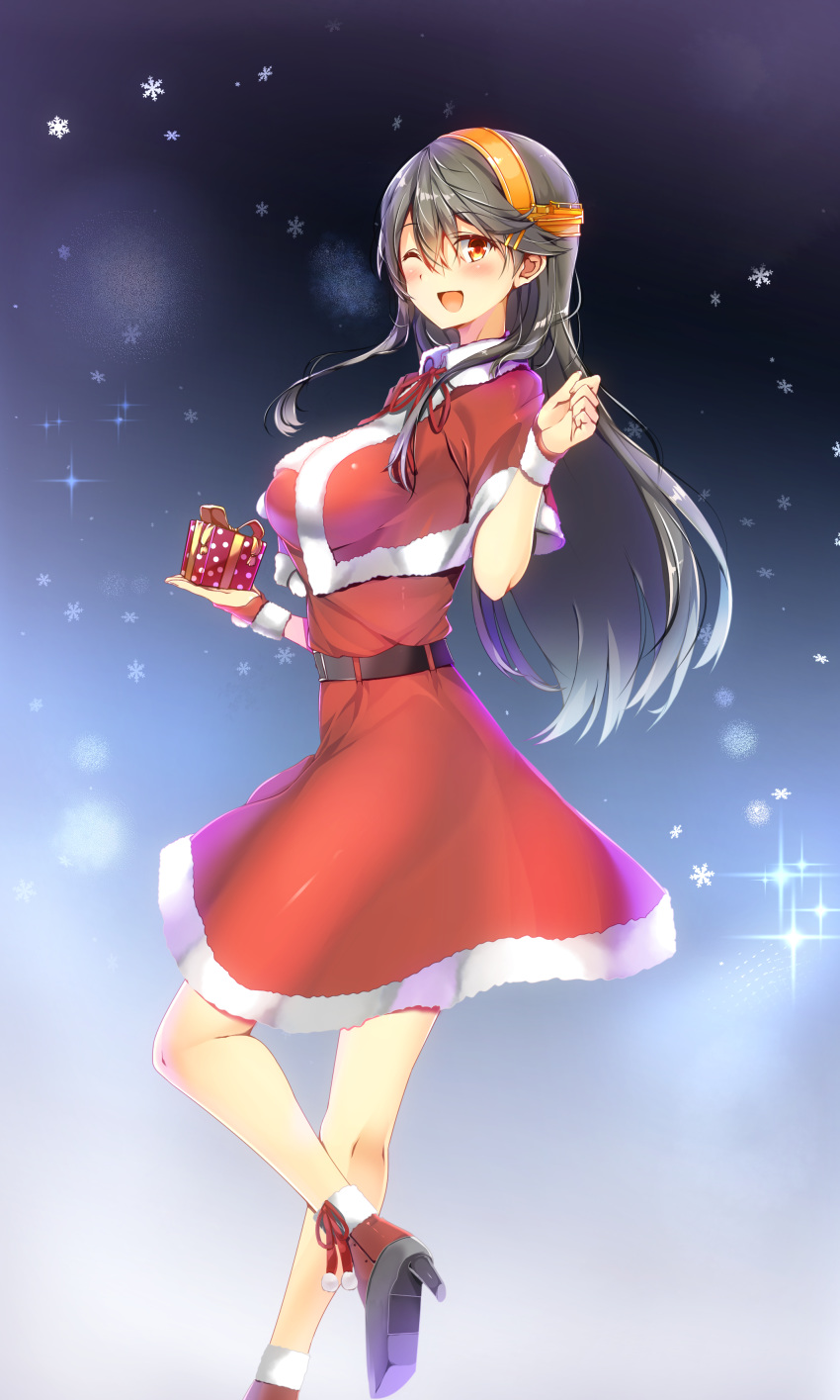1girl absurdres bangs black_hair blush breasts capelet christmas_gift commentary_request dress gradient gradient_background hair_between_eyes hair_ornament hairclip haruna_(kancolle) haruna_(kantai_collection) headgear heels high_heels highres kantai_collection large_breasts leg_up long_hair looking_at_viewer night one_eye_closed open_mouth red_dress remodel_(kantai_collection) santa_costume shiny shiny_hair solo star swept_bangs tsukui_kachou upper_body wristband
