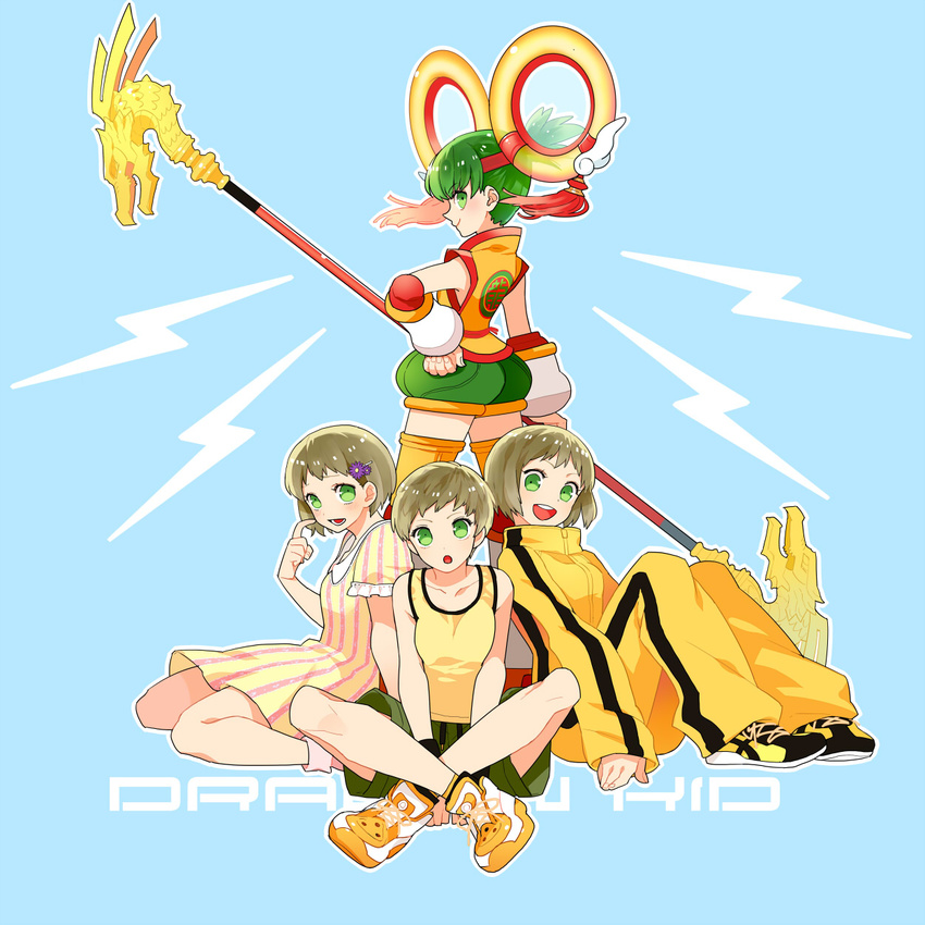 blonde_hair bruce_lee's_jumpsuit chinese_clothes detached_sleeves dragon_kid dress green_eyes green_hair gum_(gmng) hat highres huang_baoling multiple_girls multiple_persona short_hair shorts superhero tank_top thighhighs tiger_&amp;_bunny