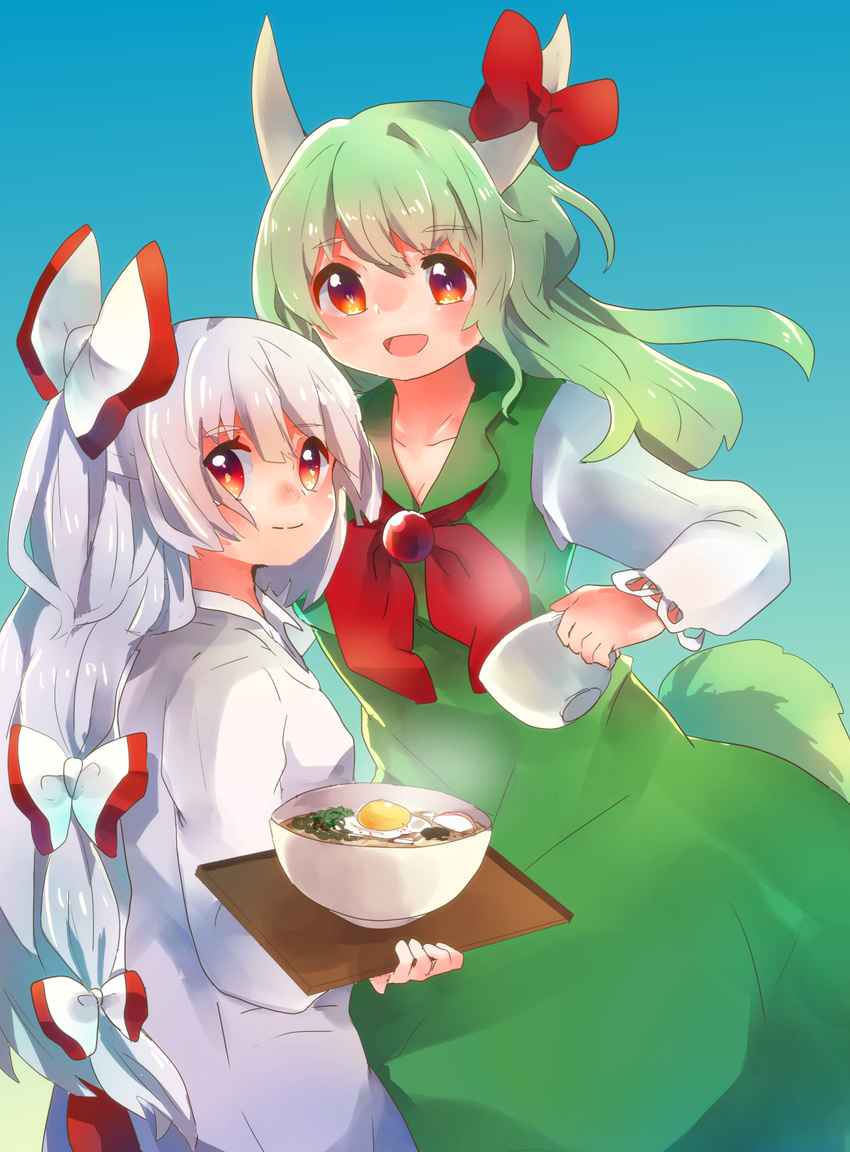 bad_id bad_pixiv_id blue_background bow bowl dress ex-keine food fried_egg fujiwara_no_mokou green_hair hair_bow highres horn_bow horns kamishirasawa_keine long_hair long_sleeves looking_at_viewer multiple_girls open_mouth red_eyes shukinuko silver_hair simple_background smile soup tail touhou tray very_long_hair