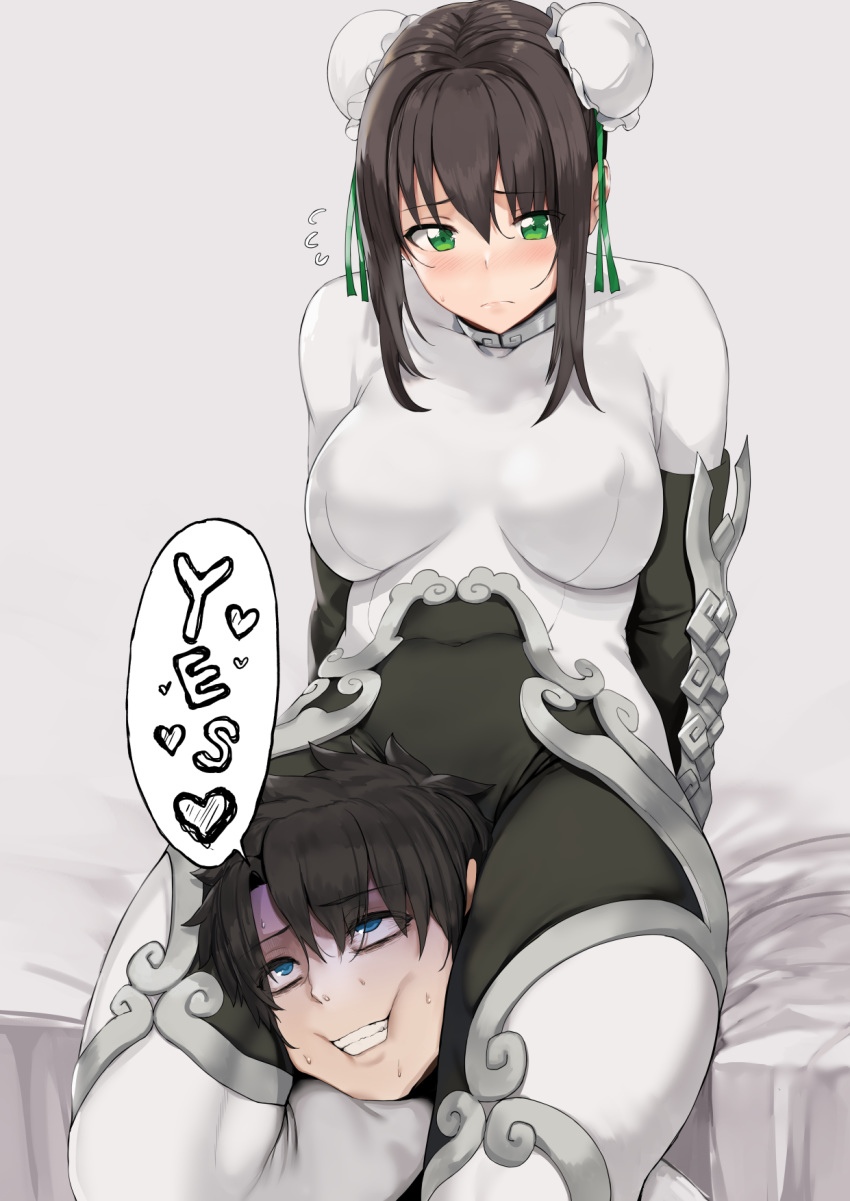 1boy 1girl arm_support asphyxiation bangs black_hair blue_eyes blush bodysuit brown_hair bun_cover chinese_clothes choke_hold closed_mouth commentary_request covered_navel double_bun english erect_nipples eyebrows_visible_through_hair fate/grand_order fate_(series) femdom flying_sweatdrops fujimaru_ritsuka_(male) gloves green_eyes hair_between_eyes hair_ornament heart hews hews_hack highres pale_face qin_liangyu_(fate) qin_liangyu_(fate/grand_order) rolling_eyes sidelocks sitting strangling sweat sweatdrop