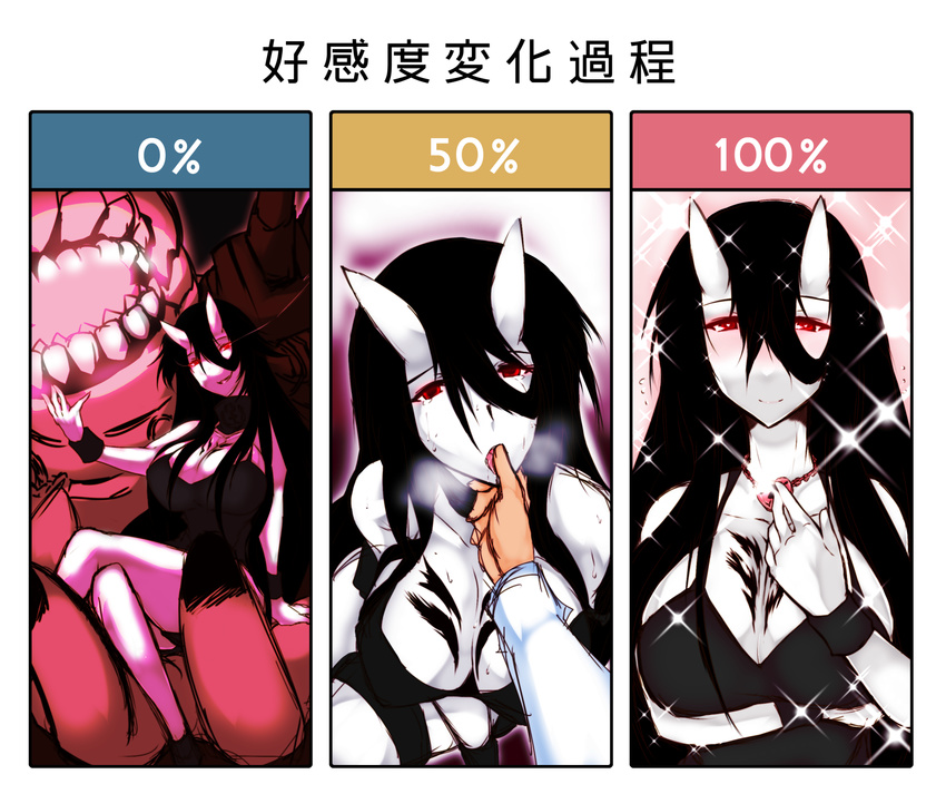 battleship_hime black_dress black_hair breast_tattoo breasts chain_necklace cleavage dress heart heart-shaped_lock heart_lock_(kantai_collection) heart_necklace heavy_breathing highres horns kantai_collection karakure_(kamo-nanban) large_breasts lock long_hair oni_horns pale_skin red_eyes shinkaisei-kan smile tattoo translated