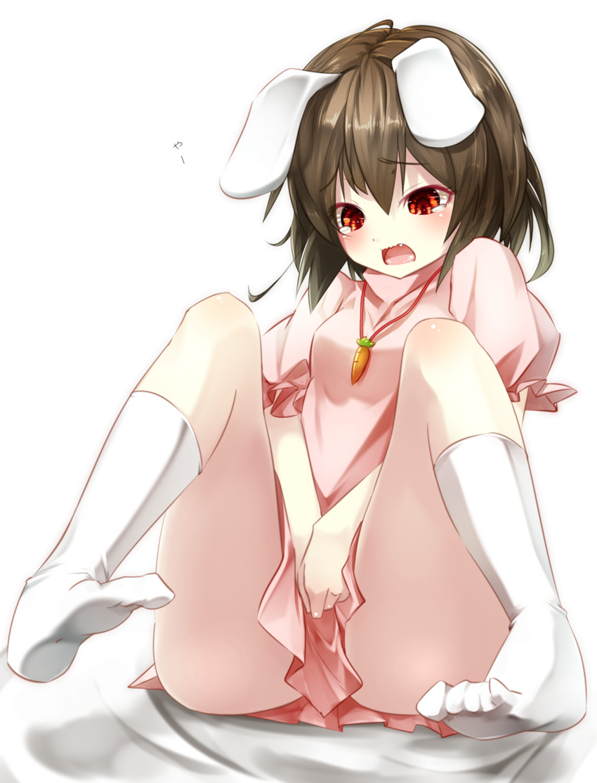 animal_ears blush bunny_ears carrot dress fang gorilla_(bun0615) highres inaba_tewi open_mouth red_eyes short_hair simple_background solo tears touhou white_background white_legwear