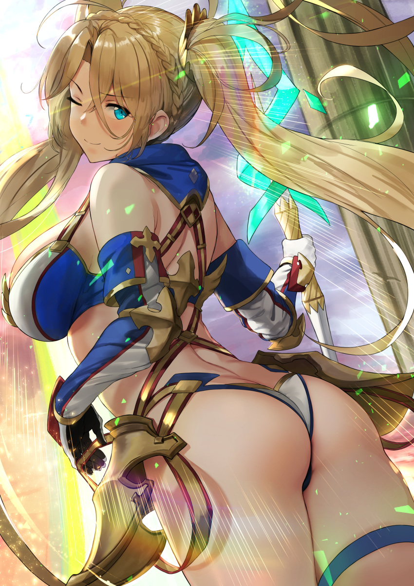 1girl ahoge armor ass back backlighting bangs bare_shoulders bikini bikini_armor blonde_hair blue_bikini_top blue_eyes blush bradamante_(fate/grand_order) braid breasts commentary elbow_gloves eyebrows_visible_through_hair fate/grand_order fate_(series) faulds french_braid gloves hews hews_hack highres large_breasts lens_flare light_particles long_hair looking_at_viewer looking_back one_eye_closed pillar polearm sidelocks smile solo swimsuit thigh_strap thighs twintails very_long_hair weapon white_bikini_bottom
