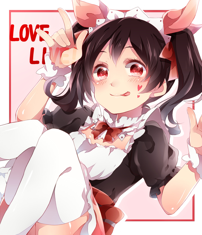 :p bad_id bad_pixiv_id black_hair blush bow copyright_name hair_bow heart heart-shaped_pupils highres kuromiwa-38 looking_at_viewer love_live! love_live!_school_idol_project maid maid_headdress mogyutto_"love"_de_sekkin_chuu! red_eyes solo symbol-shaped_pupils thighhighs tongue tongue_out twintails white_legwear yazawa_nico