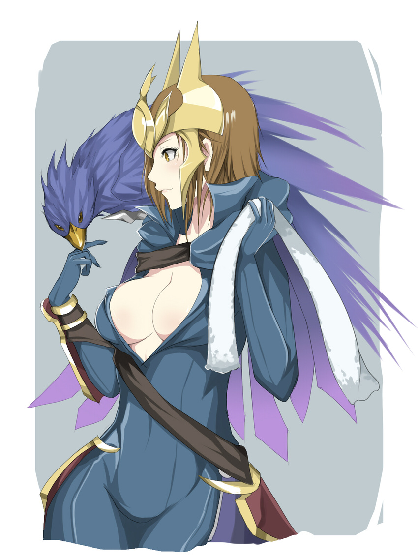 animal animal_on_shoulder bird bird_on_shoulder bodysuit breasts brown_eyes brown_hair cleavage faulds forehead_protector highres kumiko_shiba large_breasts league_of_legends quinn scarf short_hair valor_(league_of_legends) vambraces