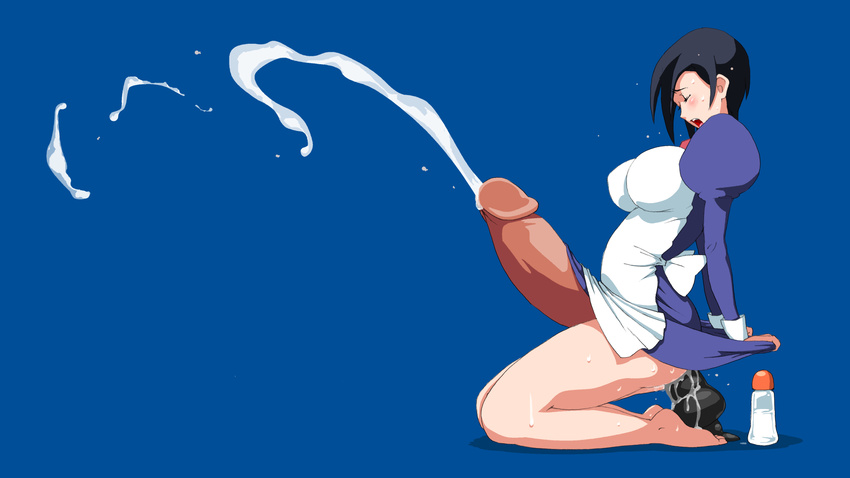 anal anal_object_insertion apron apron_lift black_dildo black_hair blue_background blush breasts cum cum_while_penetrated drawfag ejaculation futaba_channel futanari handsfree_ejaculation highres huge_penis kneeling large_breasts lube necktie nijiura_maids object_insertion open_mouth penis projectile_cum puffy_sleeves red_neckwear shugoi-san solo sweat