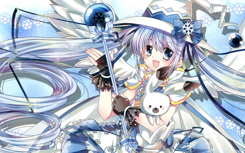 blue_eyes blue_hair bunny cape fang fingerless_gloves gloves hat hatsune_miku highres long_hair open_mouth rimune snowflakes suki!_yuki!_maji_magic_(vocaloid) twintails very_long_hair vocaloid wand wings witch_hat yuki_miku yukine_(vocaloid)