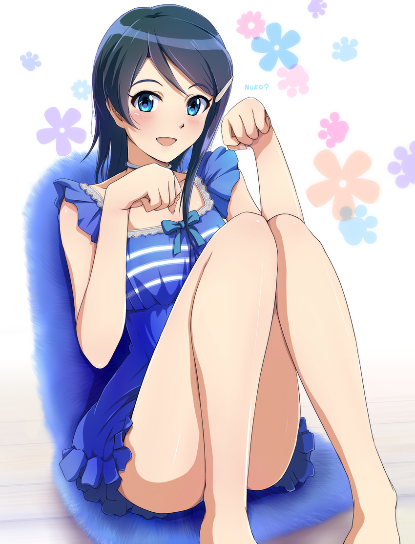 bare_legs blue_eyes blue_hair blue_panties blush choker dress hair_ornament hairclip highres hina_(araburu-hinadori) idolmaster idolmaster_dearly_stars knees_together_feet_apart knees_up looking_at_viewer md5_mismatch mizutani_eri panties pantyshot pantyshot_(sitting) paw_pose paw_print short_hair sitting smile solo sundress underwear