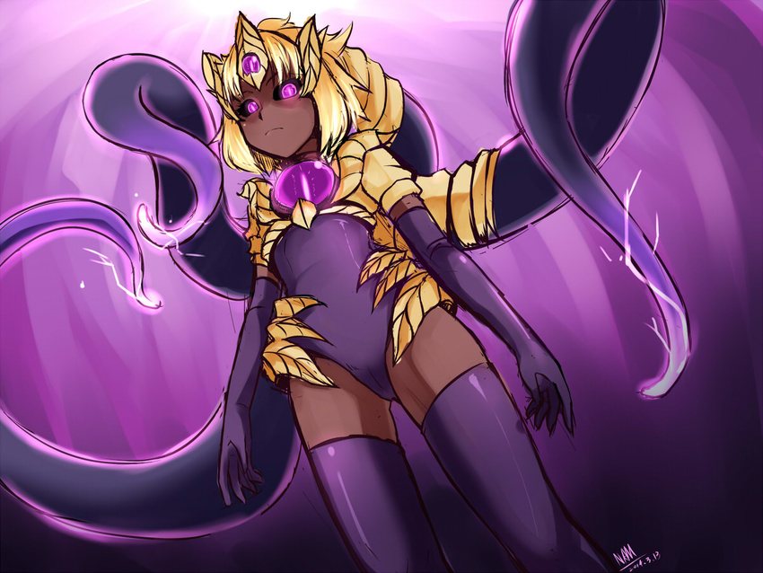 black_sclera blonde_hair dark_skin elbow_gloves from_below genderswap genderswap_(mtf) gloves glowing glowing_eyes league_of_legends looking_at_viewer nam_(valckiry) personification pink_eyes solo tentacles thighhighs vel'koz