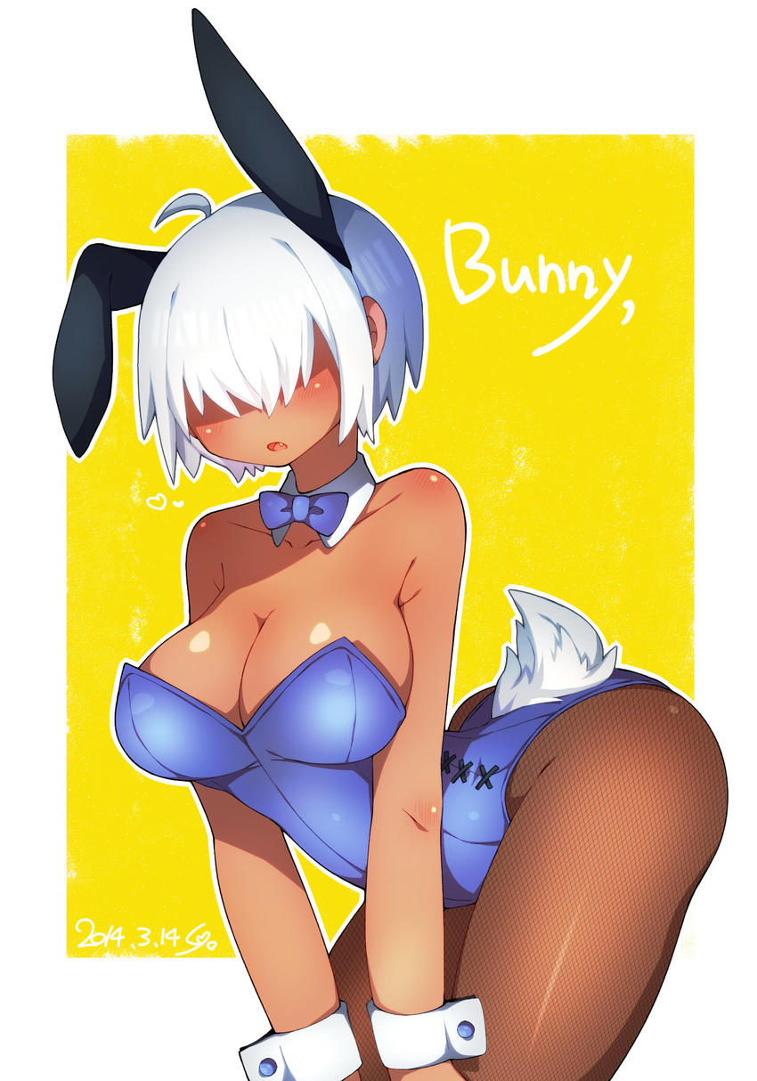 2014 animal_ears bow bowtie breasts bunny_ears bunny_tail bunnysuit cleavage dated detached_collar fishnet_pantyhose fishnets hair_over_eyes highres large_breasts leaning_forward muroku_(aimichiyo0526) original pantyhose short_hair signature solo tail white_hair wrist_cuffs