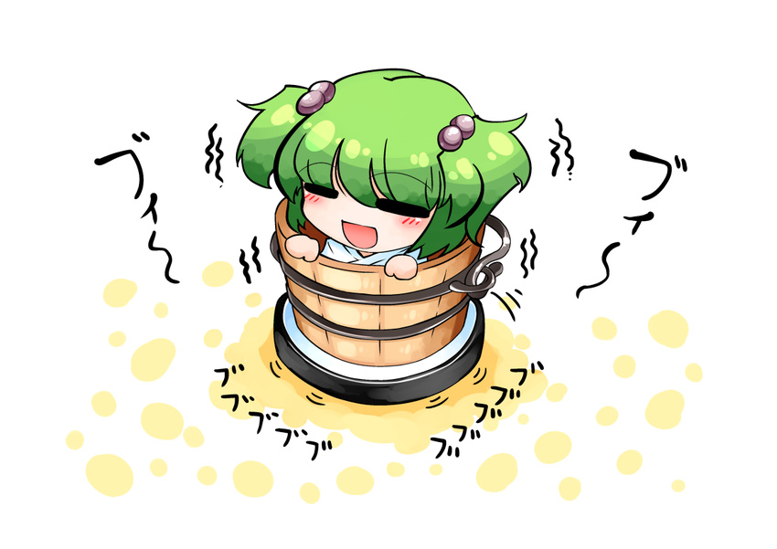 bucket closed_eyes driving green_hair hair_bobbles hair_ornament in_bucket in_container japanese_clothes kashuu_(b-q) kimono kisume open_mouth riding roomba smile solo touhou twintails wooden_bucket yukata