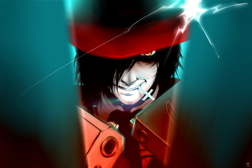 alucard_(hellsing) bad_id bad_pixiv_id black_hair cross face hair_over_one_eye hat hellsing male_focus mouth_hold red_eyes sapon solo