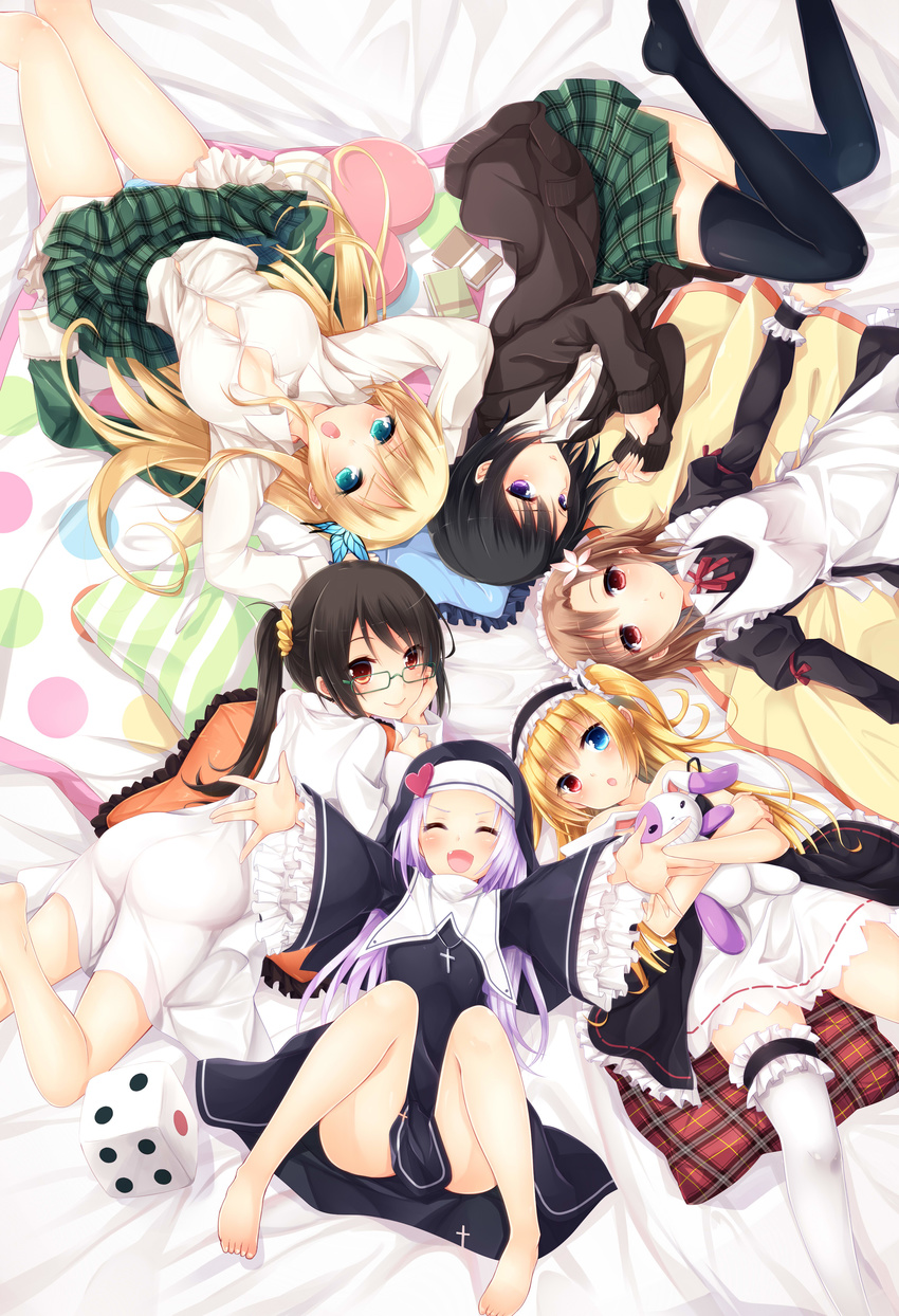 absurdres apron ass bare_legs barefoot black_hair black_legwear blazer blonde_hair blue_eyes blue_panties blush boku_wa_tomodachi_ga_sukunai breasts brown_eyes brown_hair bug butterfly butterfly_hair_ornament circle_formation cleavage closed_eyes dress fang fetal_position flower glasses gothic_lolita habit hair_flower hair_ornament hairband hasegawa_kobato hatachi heart heterochromia highres insect jacket kashiwazaki_sena kusunoki_yukimura labcoat large_breasts lolita_fashion lolita_hairband long_hair looking_at_viewer lying maid maid_headdress mikazuki_yozora multiple_girls no_bra no_shoes nun on_back on_side on_stomach open_mouth outstretched_arms panties ponytail purple_eyes purple_hair red_eyes school_uniform shiguma_rika short_hair side_ponytail skirt smile st._chronica_academy_uniform stuffed_animal stuffed_bunny stuffed_toy takayama_maria thighhighs twintails two_side_up unbuttoned underwear white_legwear