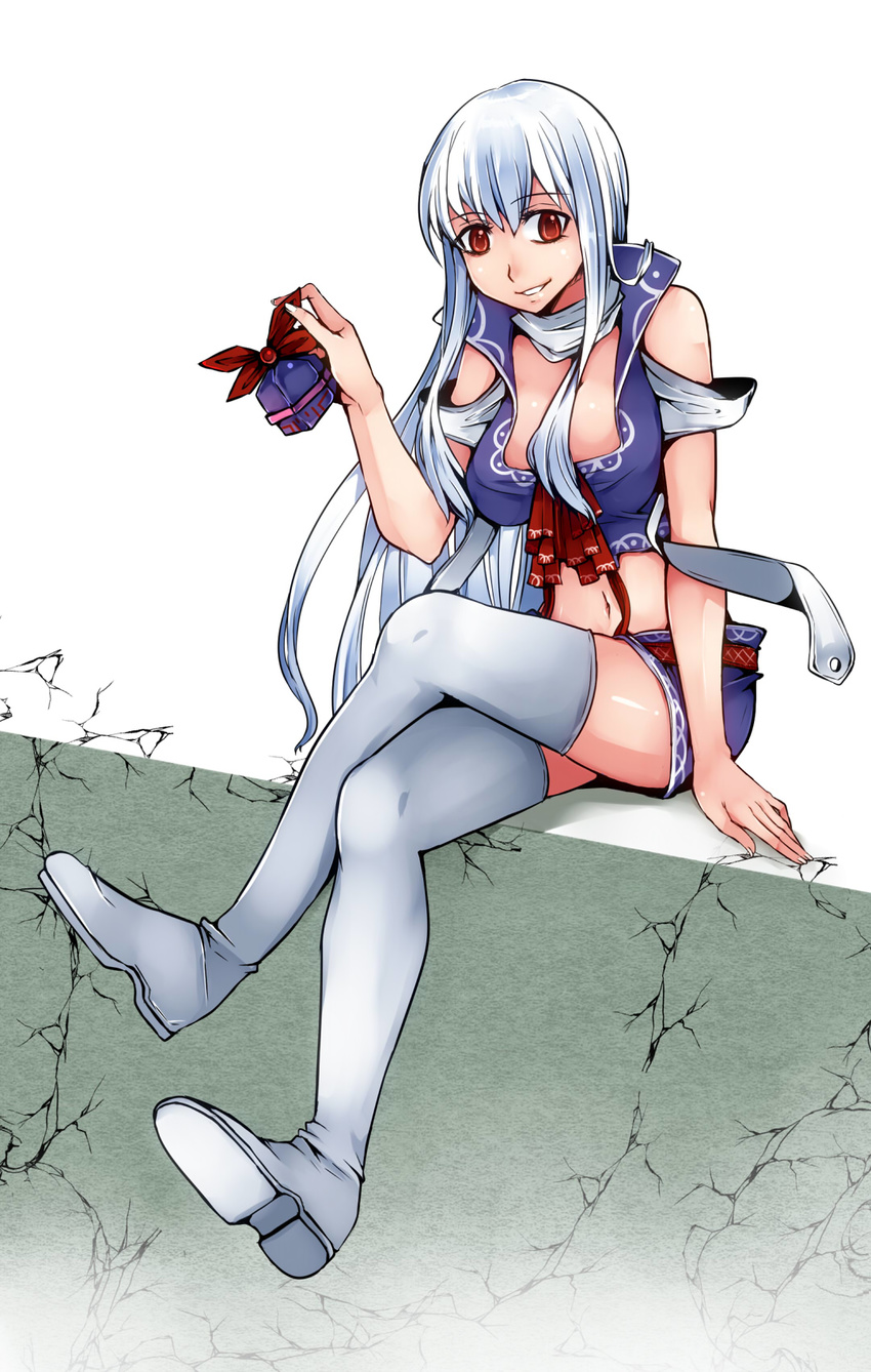 :d adapted_costume aoshima arm_support ascot blue_hair boots breasts cleavage_cutout crack crop_top crossed_legs fingernails hat hat_removed headwear_removed high_collar highres kamishirasawa_keine legs long_fingernails long_hair looking_at_viewer medium_breasts midriff multicolored_hair navel open_mouth orange_eyes shiny shiny_skin short_shorts shorts sitting smile suspender_shorts suspenders thigh_boots thighhighs touhou white_hair