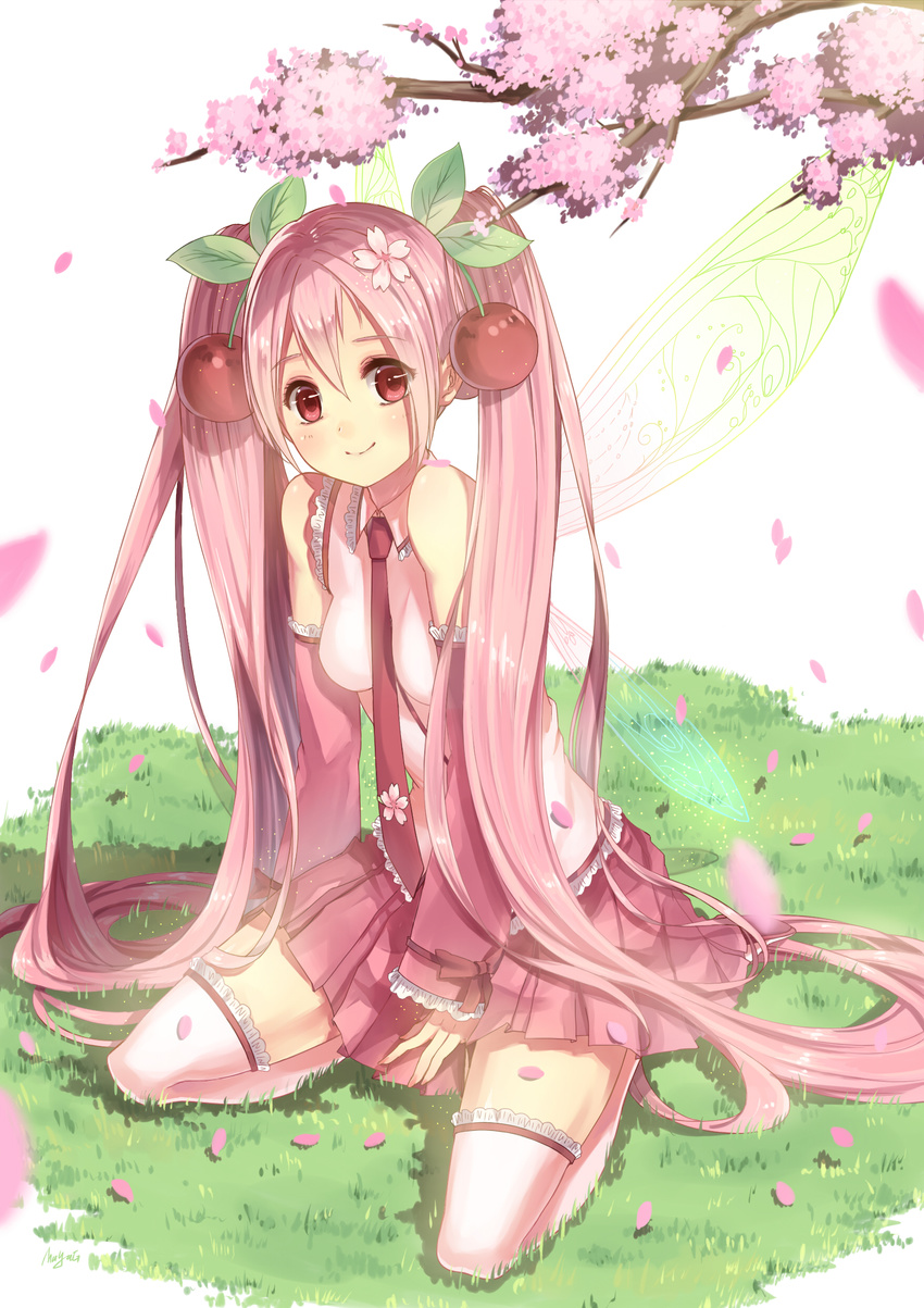 absurdres boots cherry cherry_blossoms detached_sleeves flower food fruit grass hair_flower hair_ornament hatsune_miku highres long_hair looking_at_viewer maya_g necktie pink_hair red_eyes sakura_miku seiza sitting skirt smile solo thigh_boots thighhighs twintails very_long_hair vocaloid wings