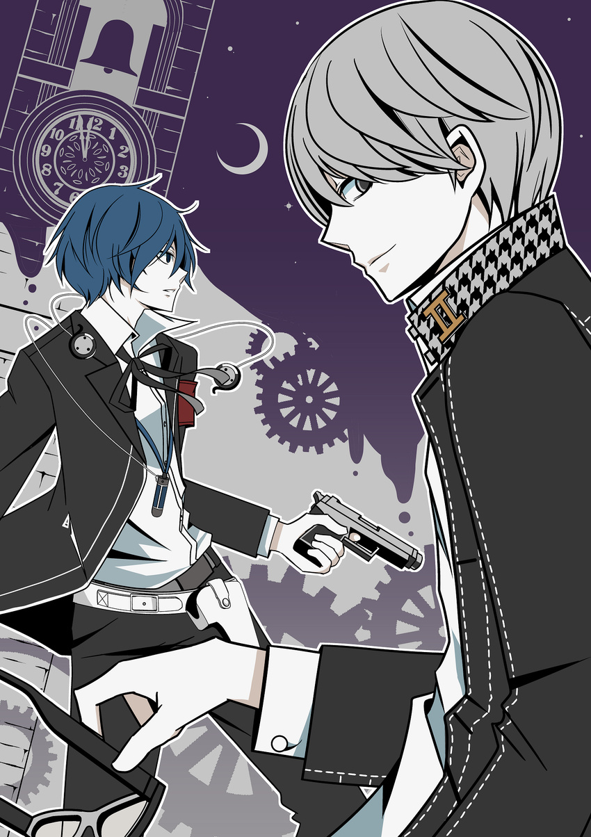 bell blue_eyes blue_hair bolo_tie clock clock_tower clockwork crescent_moon evoker glasses grey_hair headphones highres holding holding_eyewear holster long_sleeves looking_at_viewer looking_away male_focus moon multiple_boys narukami_yuu persona persona_3 persona_4 persona_q:_shadow_of_the_labyrinth persona_q_(series) school_uniform short_hair smile tower weapon yuuki_makoto