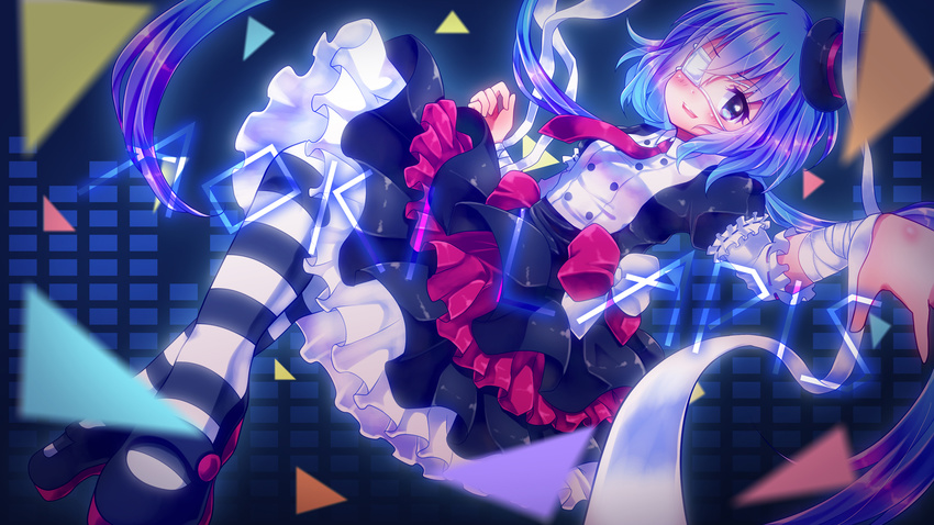 aoki_lapis bandages blue_eyes blue_hair eyepatch highres long_hair solo striped striped_legwear urara_(sumairuclover) very_long_hair vocaloid